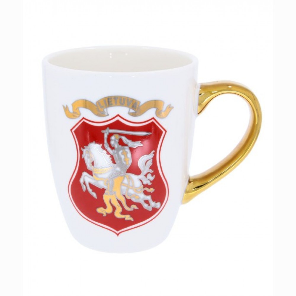 Porcelianinis puodelis Lietuva, Vytis, auksine rankena, 360 ml, supakuotas baltoje dėžutėje.