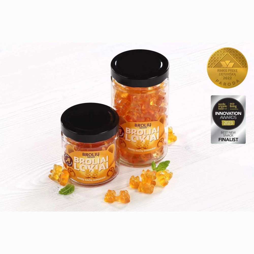 Vaisių sulčių guminukai „Broliai lokiai“ stiklainyje, 250g Vaisių sulčių guminukai „Broliai lokiai“ stiklainyje, 250g