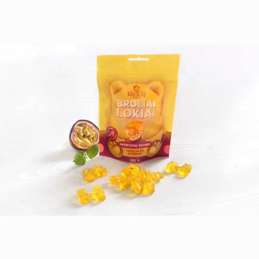 Pasiflorų skonio guminukai Broliai lokiai 100g Pasiflorų skonio guminukai Broliai lokiai 100g