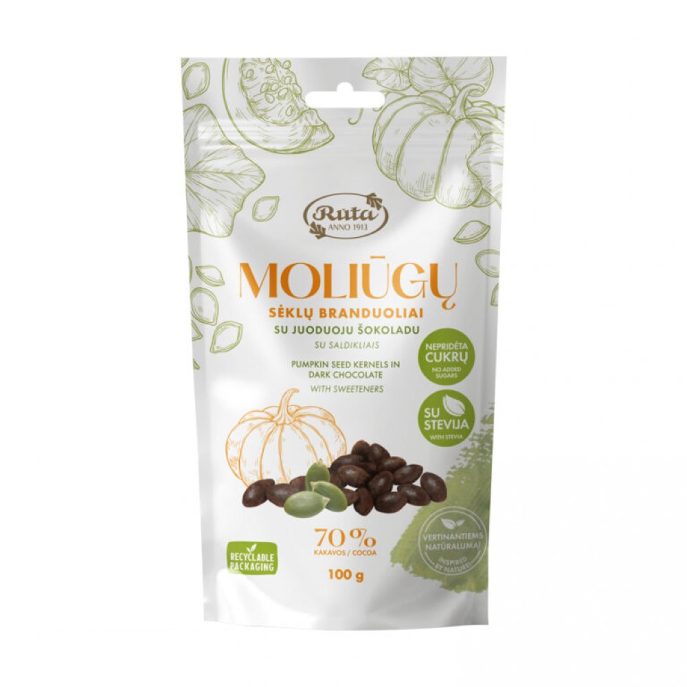 Moliūgų sėklų branduoliai su juoduoju šokoladu (70%). Su saldikliais, 100 g