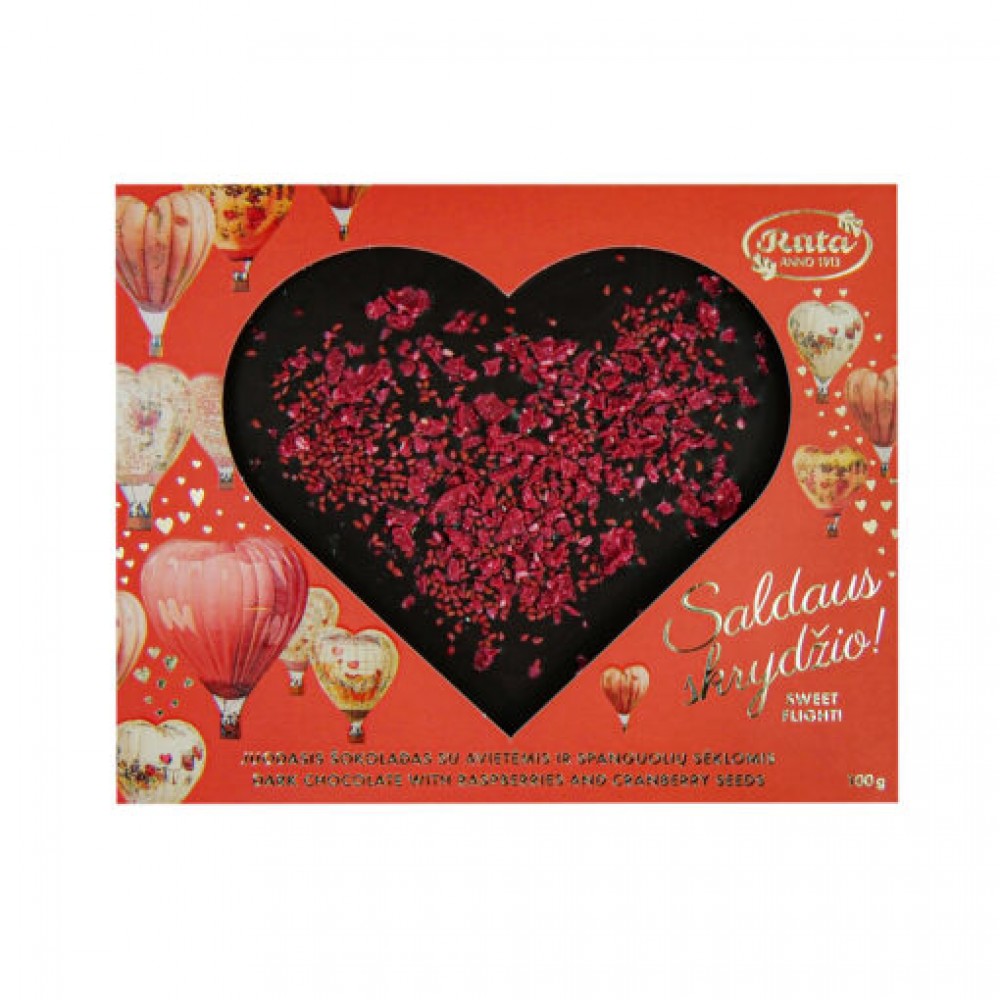 Juodasis šokoladas (50 %) su avietėmis ir spanguolių sėklomis „Saldaus skrydžio!“, 100 g