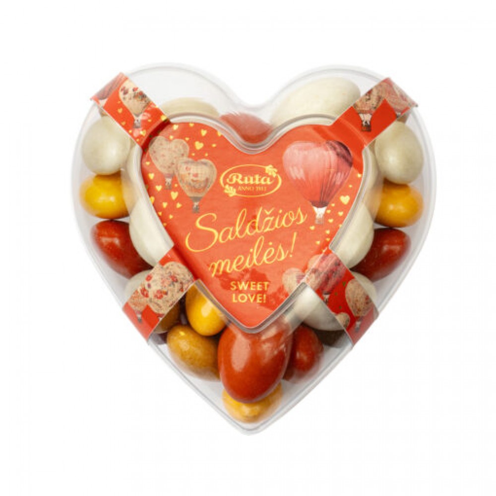 Traškūs migdolai su baltuoju šokoladu „Žara“. SALDŽIOS MEILĖS! (širdelės formos dėžutė), 100 g