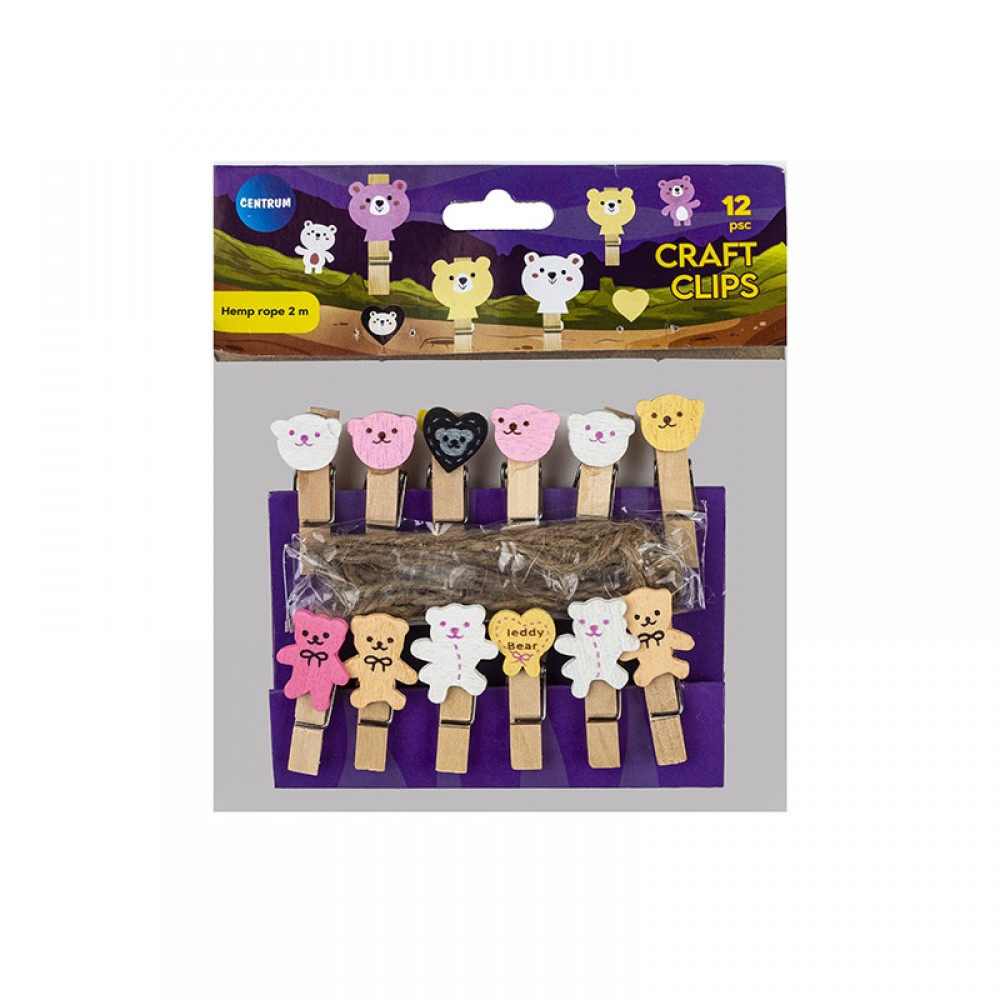 Mediniai segtukai su MEŠKOS  dekoracija (10 vnt.) su 2 m kanapine virve