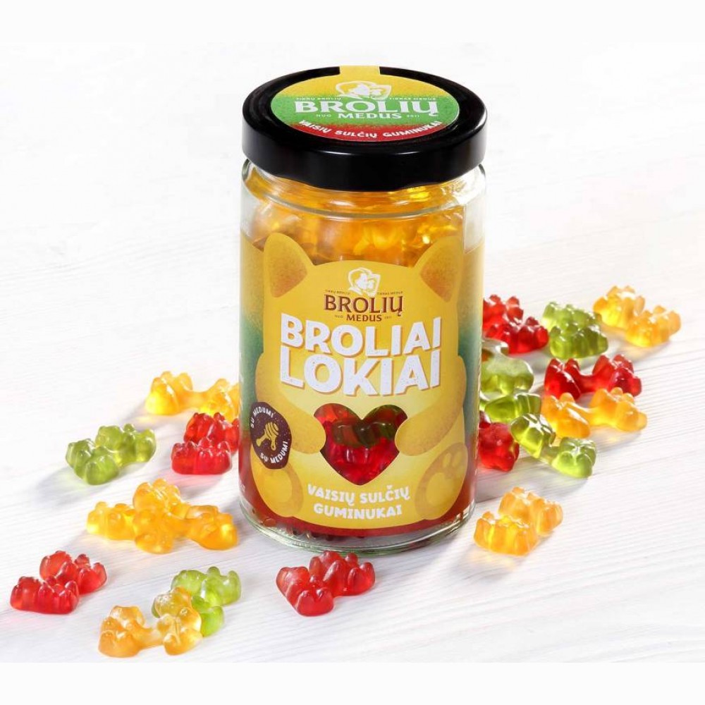 Pasiflorų, obuolių ir aviečių skonio guminukų  Brolių lokių  rinkinys stiklainėlyje 500g