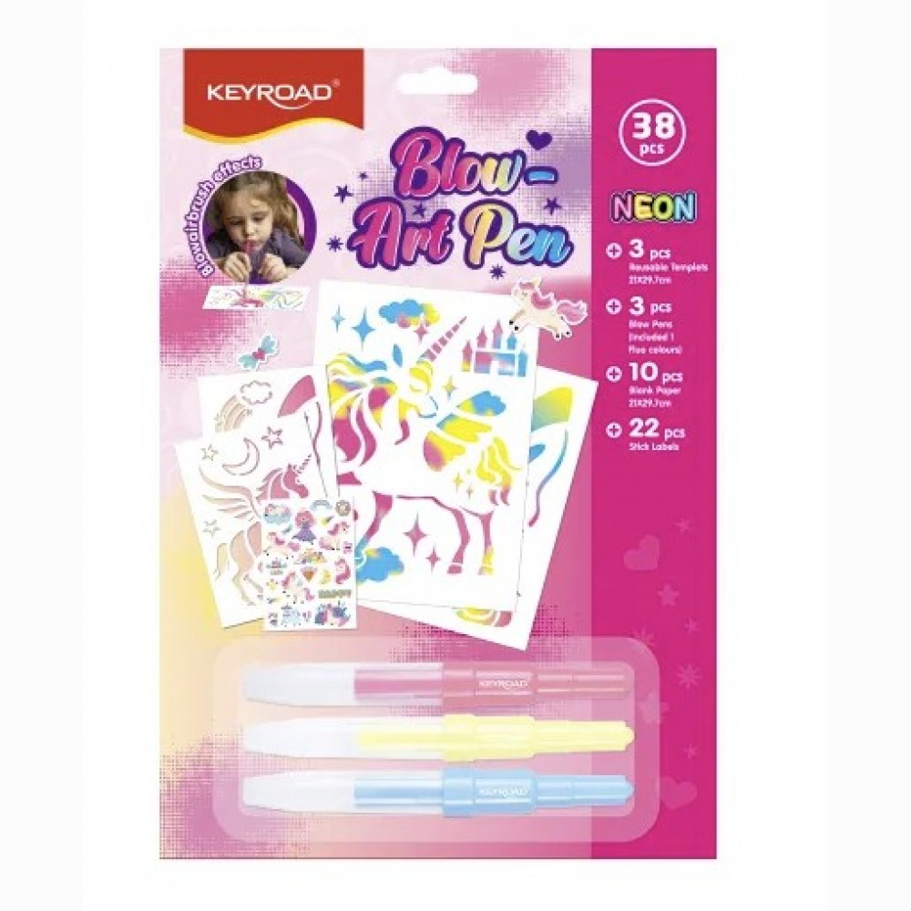 Pučiami flomasteriai Keyroad Blow Art Pen, 3 spalvų, 3 trafaretai, 10 popieriaus lapų, 22 lipdukai