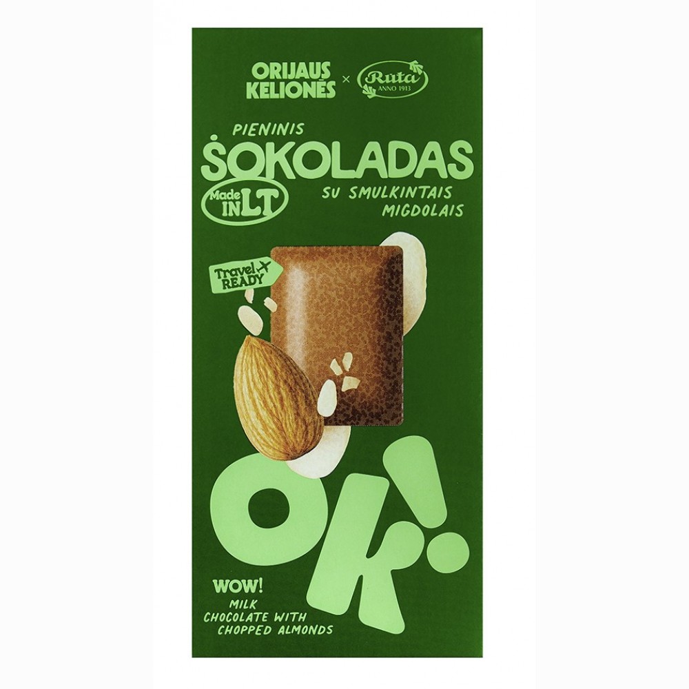 Pieninis šokoladas su smulkintais migdolais ORIJAUS KELIONĖS®, 70 g