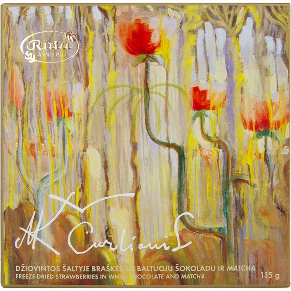 Džiovintos šaltyje braškės su baltuoju šokoladu ir Matcha „Čiurlionis“, 115 g   