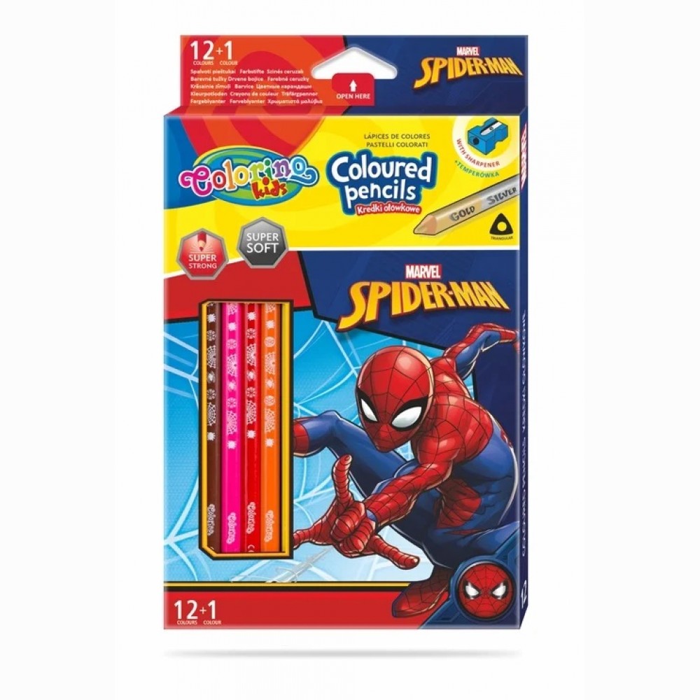 Spalvoti pieštukai Spider-Man, trikampiai, 12 +1 spalvos, su drožtuku Spalvoti pieštukai Spider-Man, trikampiai, 12 +1 spalvos, su drožtuku