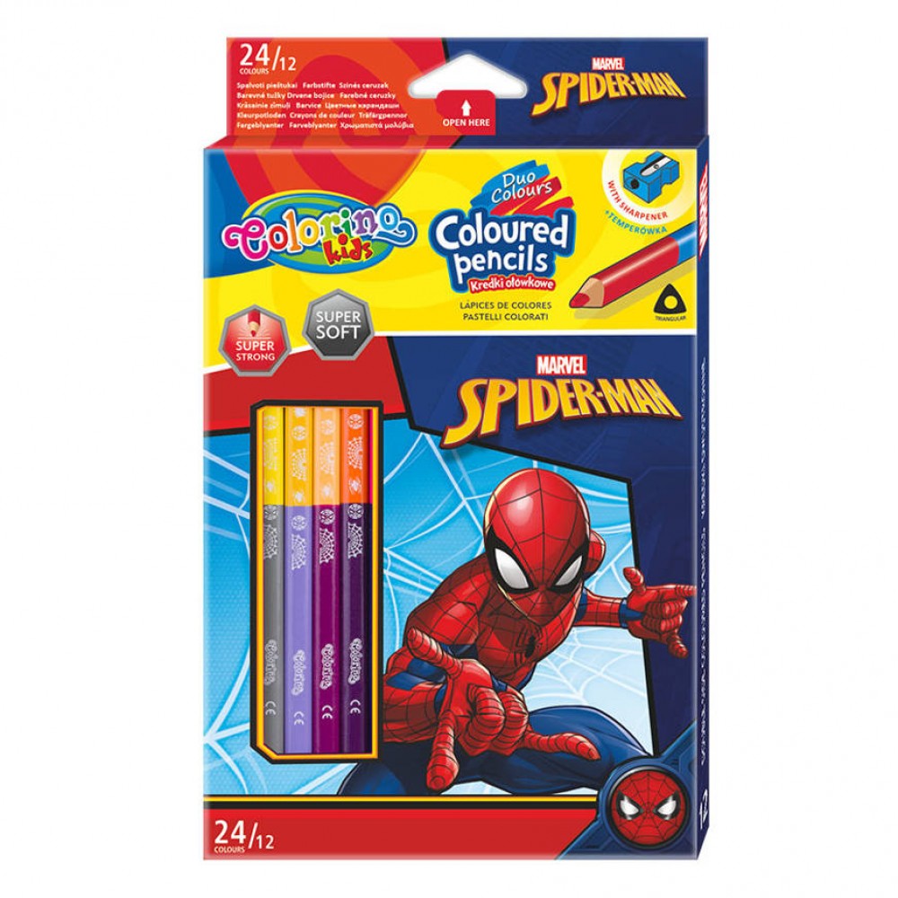 Spalvoti pieštukai Spider-Man, dvipusiai 12=24 spalvų, su drožtuku Spalvoti pieštukai Spider-Man, dvipusiai 12=24 spalvų, su drožtuku