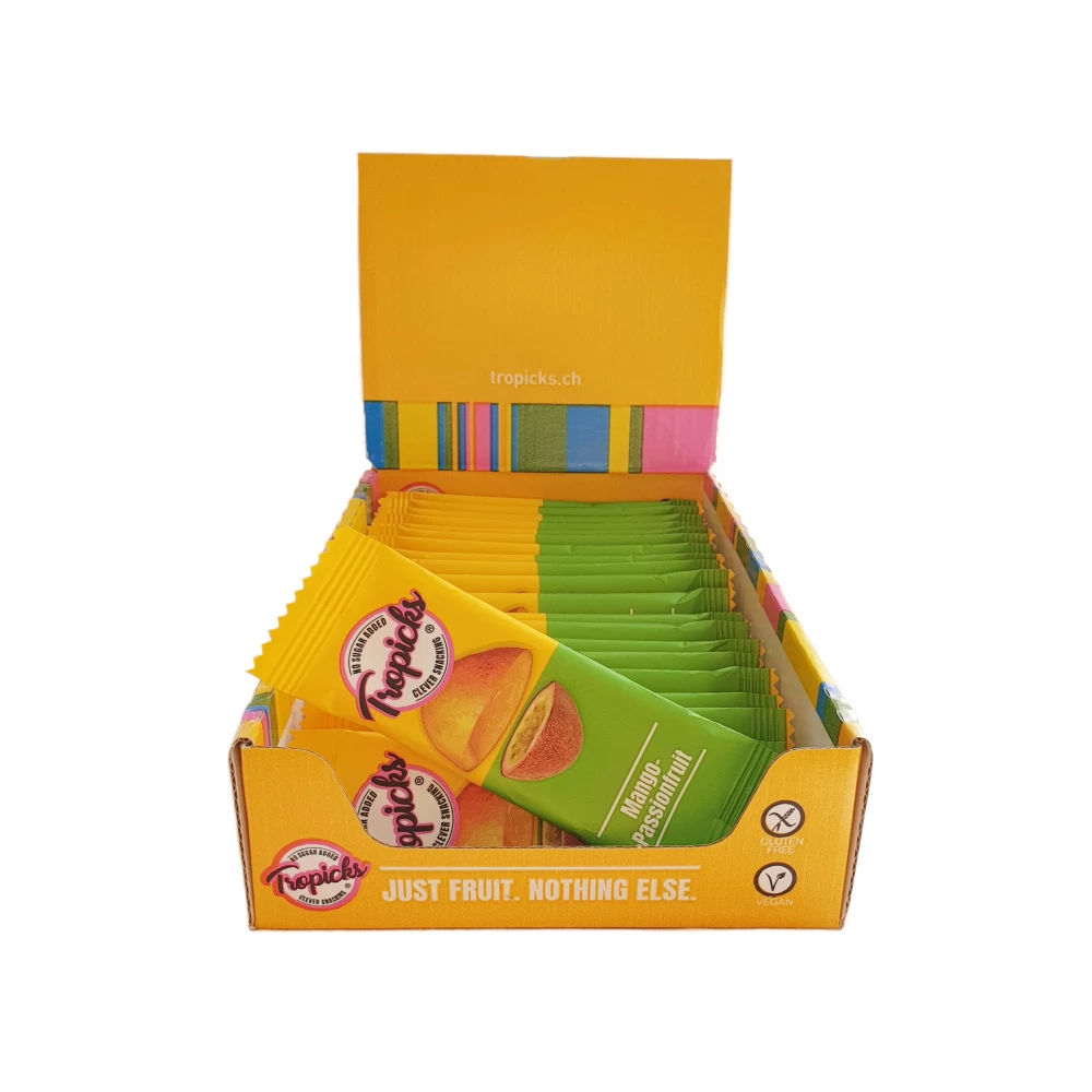 Džiovintų mangų-pasiflorų batonėlis TROPICKS, 20g Džiovintų mangų-pasiflorų batonėlis TROPICKS, 20g